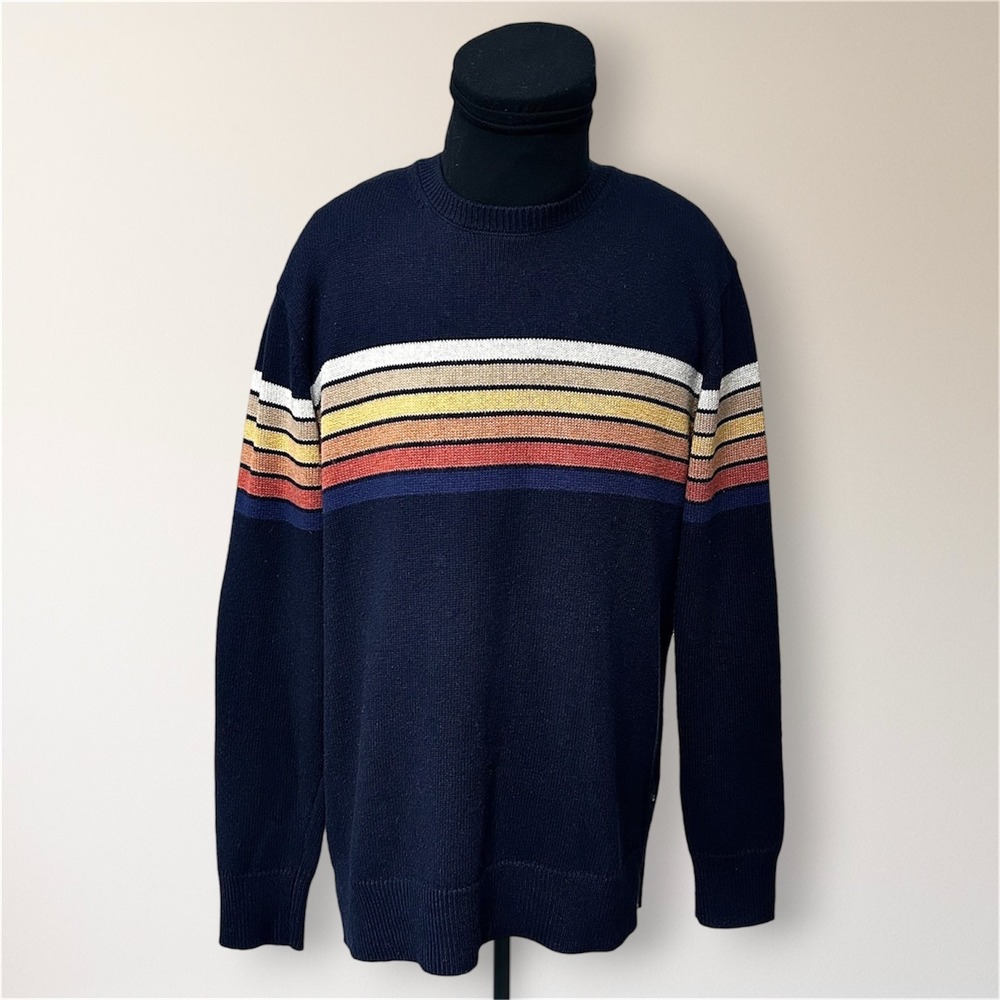 Rails Kurayo Rainbow Stripe Sweater Mens L Crewneck Navy Cotton Wool Blend Retro